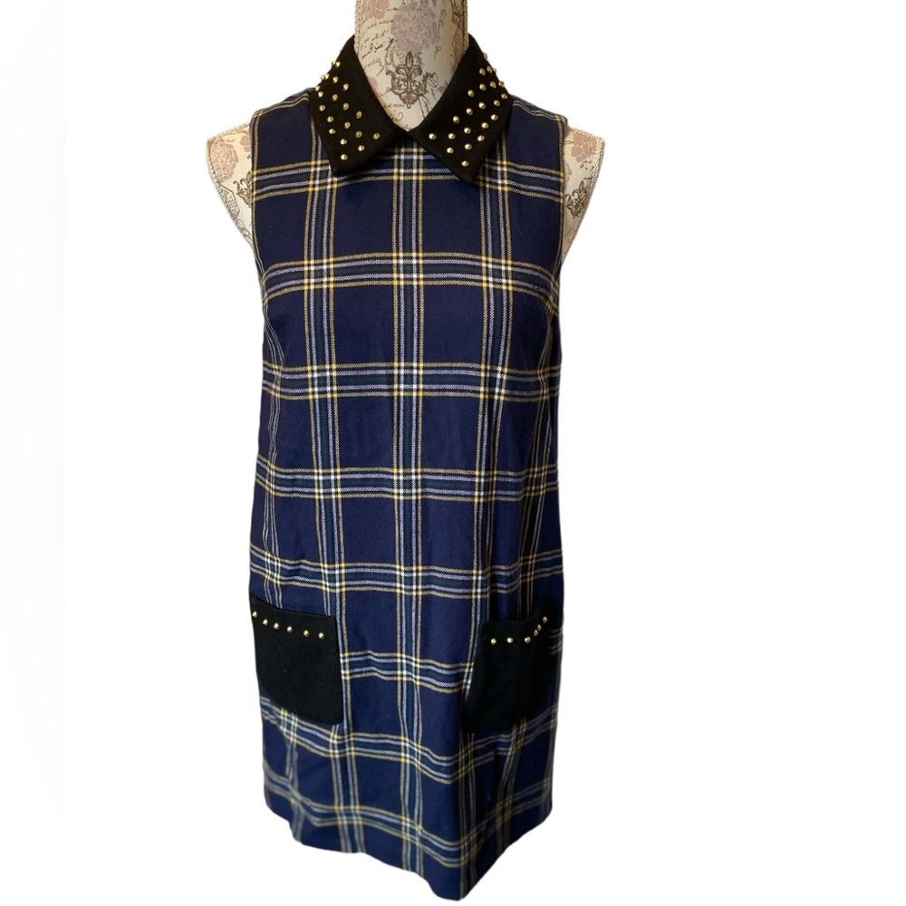Authentic Juicy Couture Eton Regal Blue Plaid Wool Blend Studded Dress